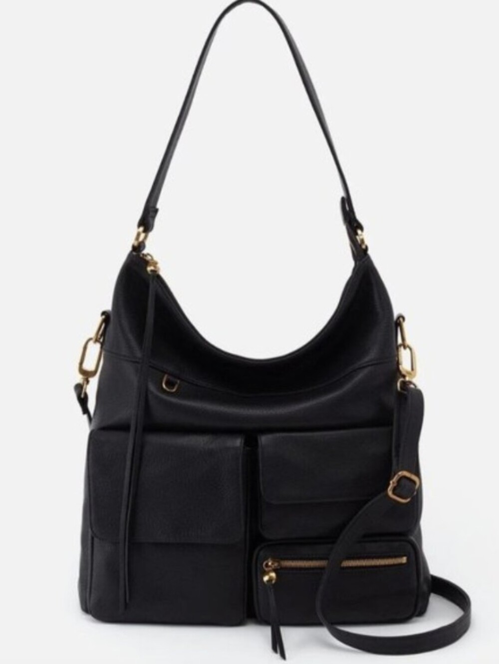 HOBO Black Leather Hobo Shoulder Bag with Gold Hardware